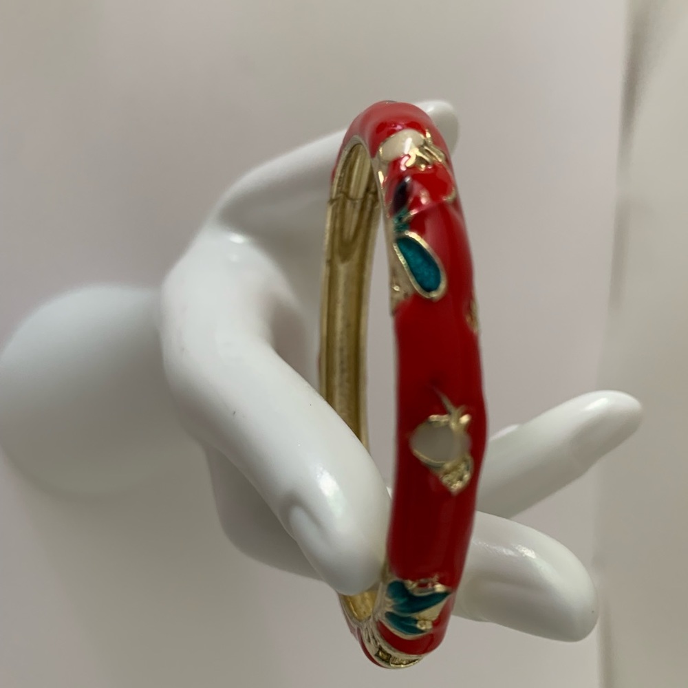 Red Etched Gold Exquisite Butterflies and Flowers Enamel Wrist Bracelet - Picture 2 of 4